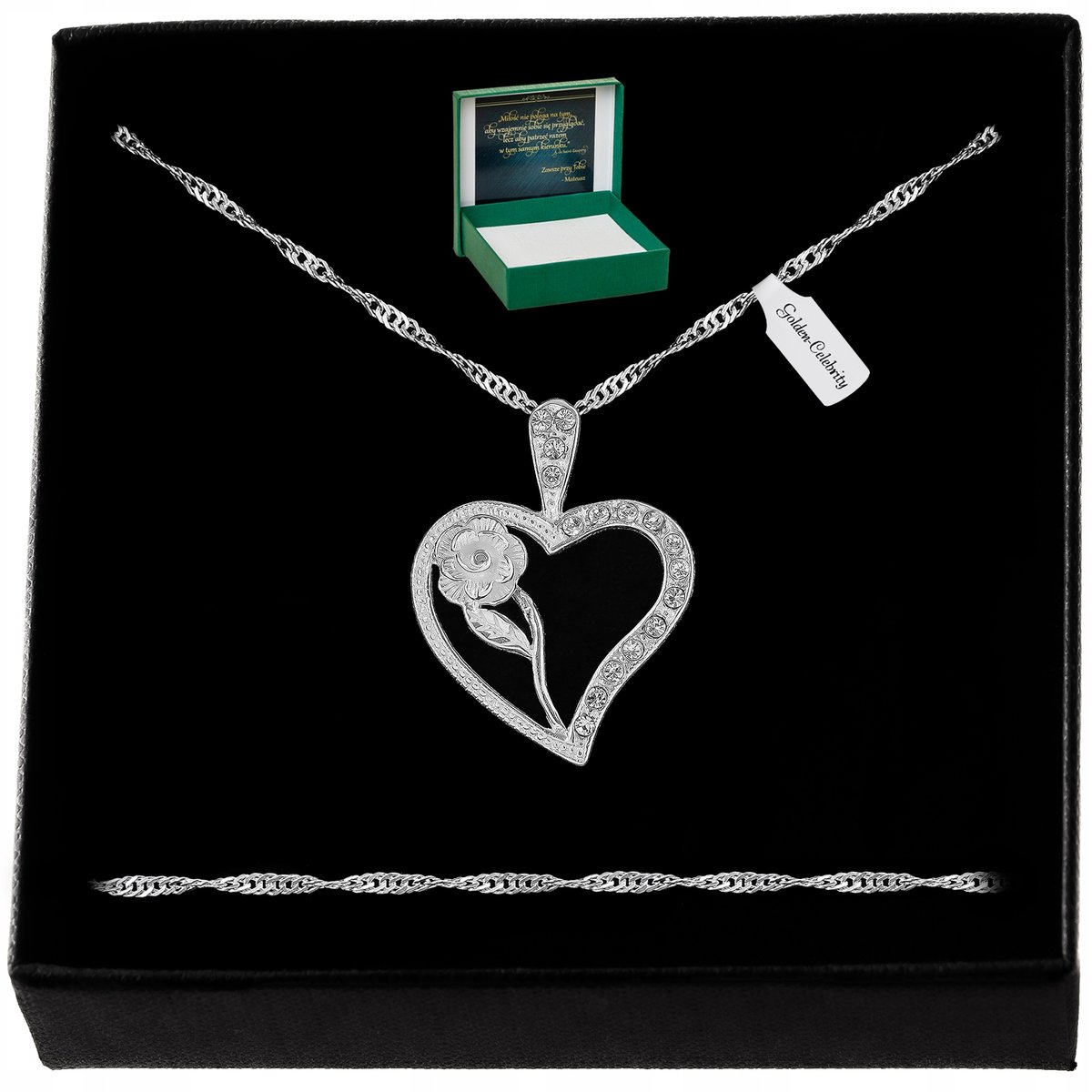 Srebrny Naszyjnik Serce Róża Zawieszka 925 +Gratis