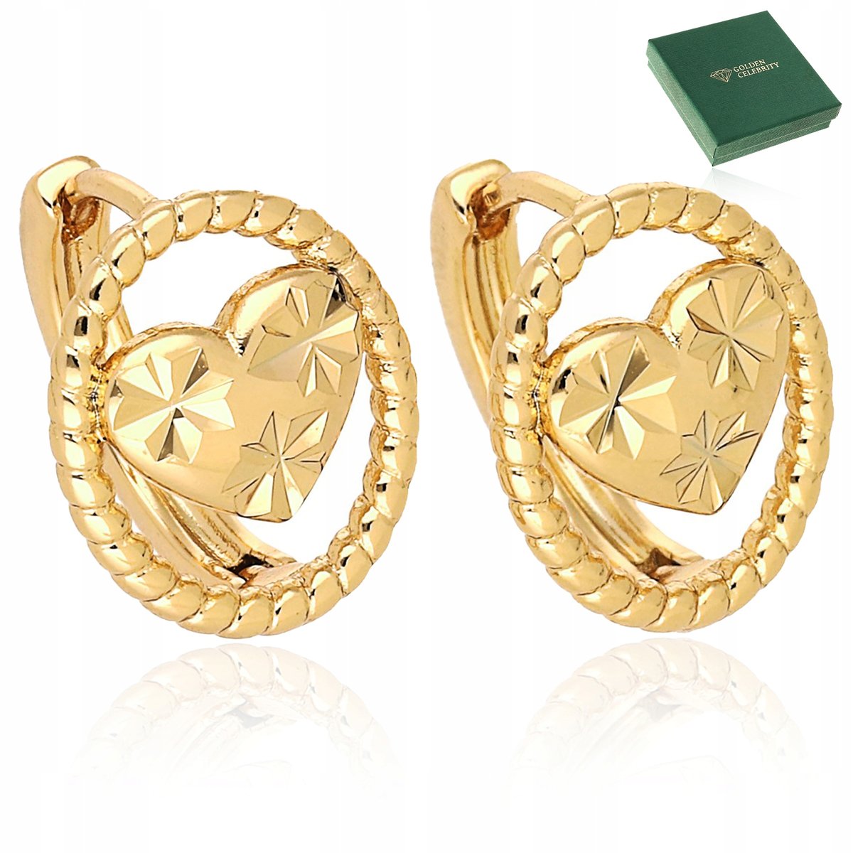 Małe Złote Kolczyki Ze Stali Chirurgicznej 18K Kółka Zdobione Serca Prezent