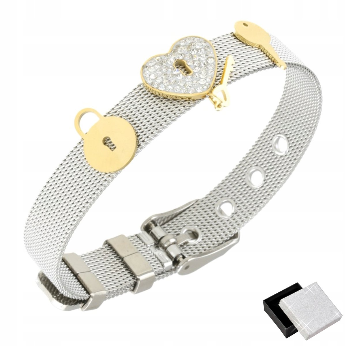 Srebrna Bransoletka 18K Serce Klucz Kłódka Prezent