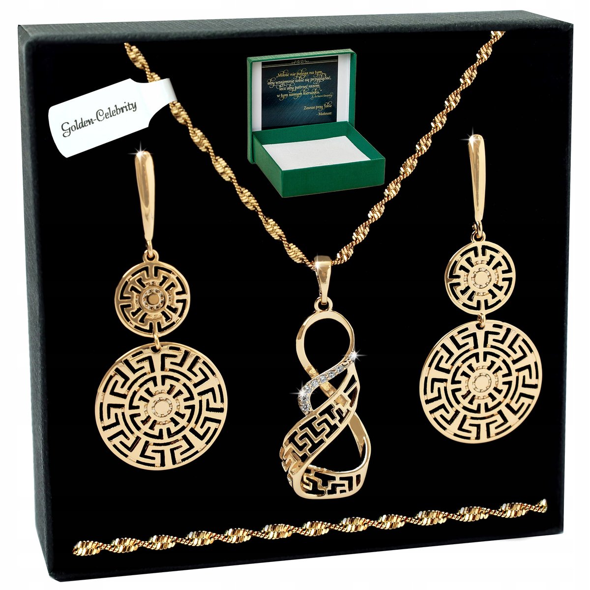 ZŁOTY ŁAŃCUSZEK Z ZAWIESZKĄ + KOLCZYKI 18K KOMPLET BIŻUTERII STAL 60 CM