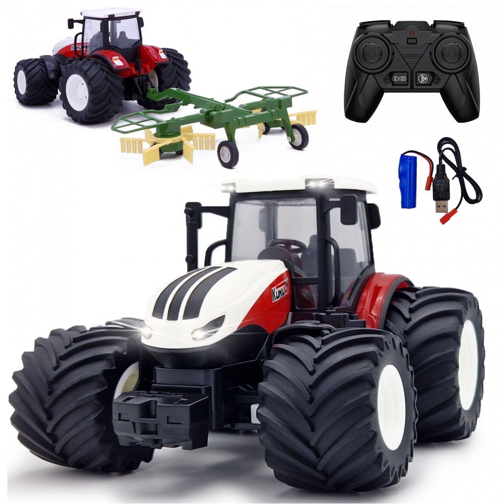 TRAKTOR CIĄGNIK ZDALNIE STEROWANY Z ZGRABIARKĄ NA PILOTA LEDY GUMOWE KOŁA