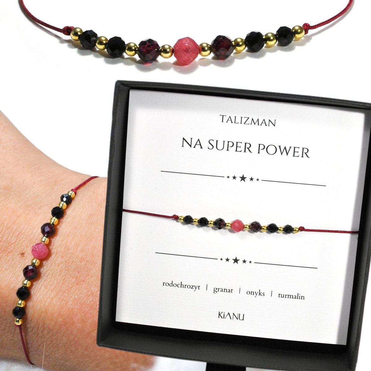 Talizman Bransoletka KiANU Czerwony Sznurek Na Szczęście Onyks Turmalin Granat Srebro 925