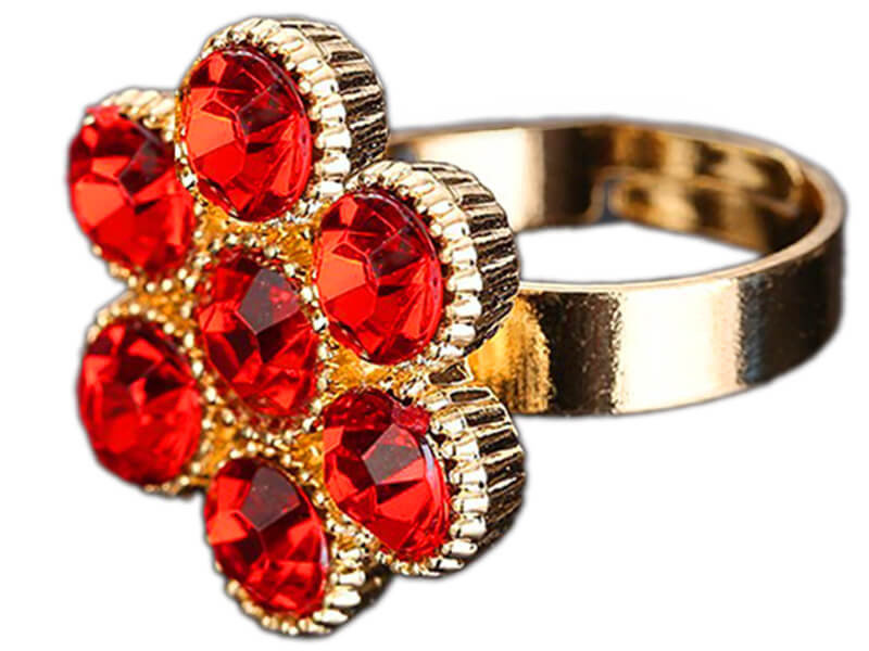Efektowny pierścionek kwiatek z czerwonymi kamieniami