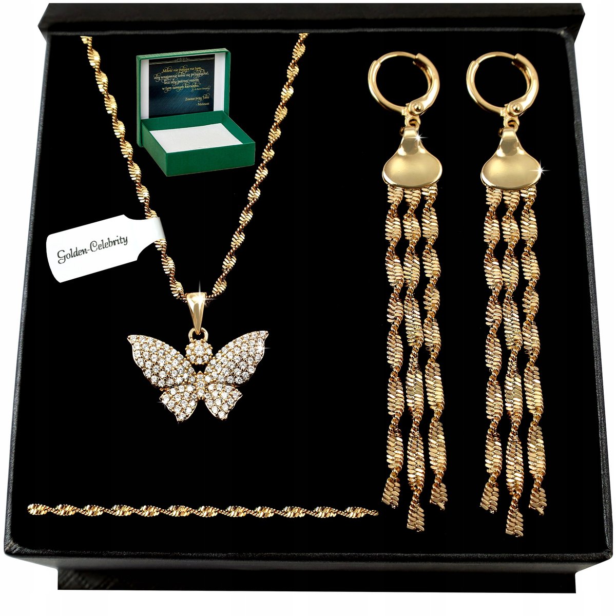 ZŁOTY KOMPLET BIŻUTERII STAL CHIRURGICZNA ŁAŃCUSZEK ZAWIESZKA KOLCZYKI 50CM