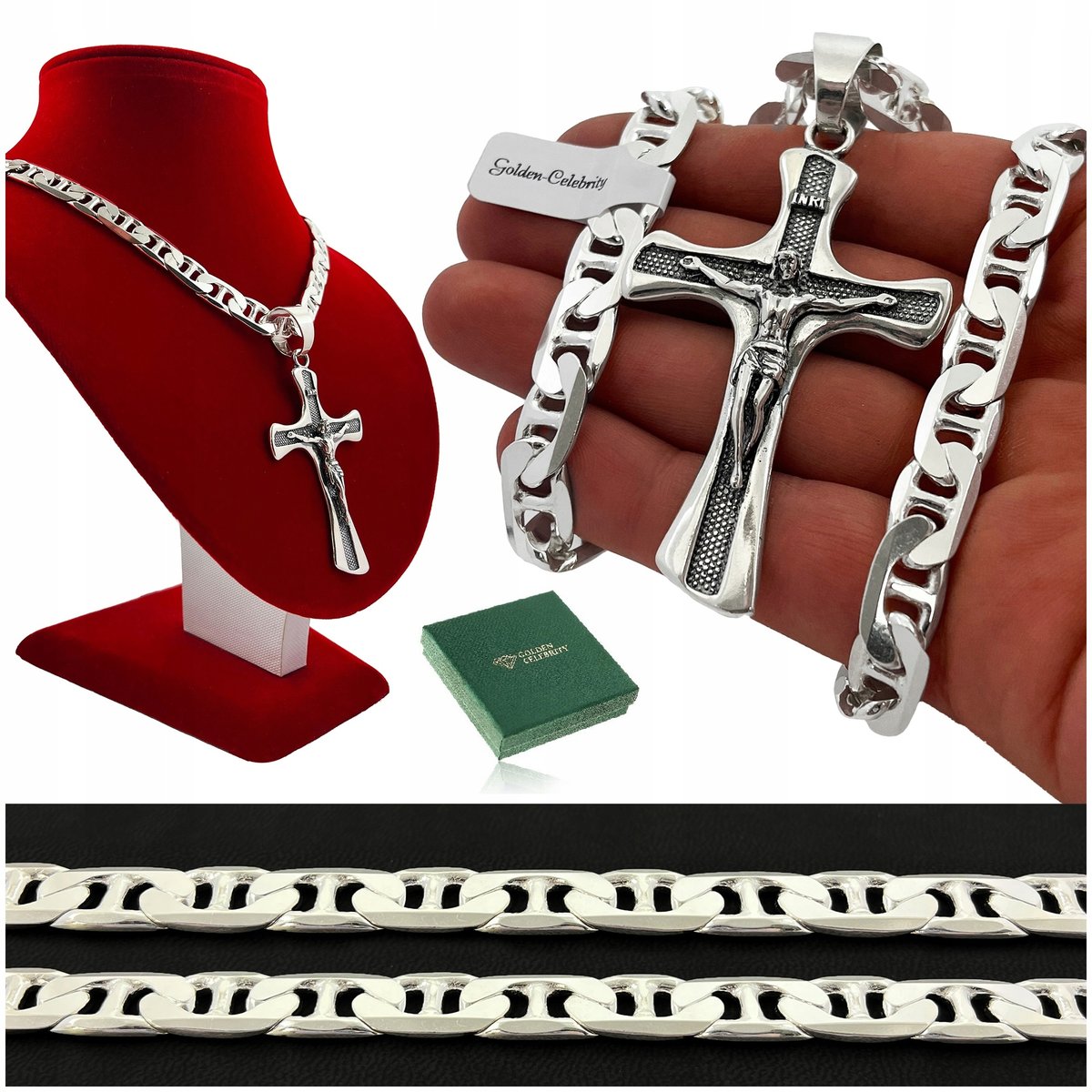 Gruby Łancuszek Srebrny Męski Splot Gucci Z Krzyżykiem 50Cm/9Mm Próba 925