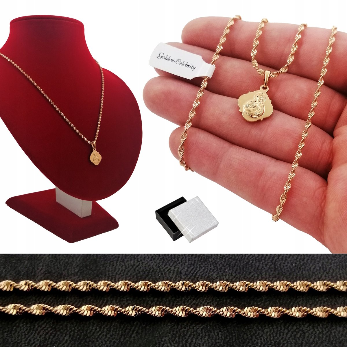 Złoty Singapur Skręcany + Medalik Z Jezusem 45 Cm