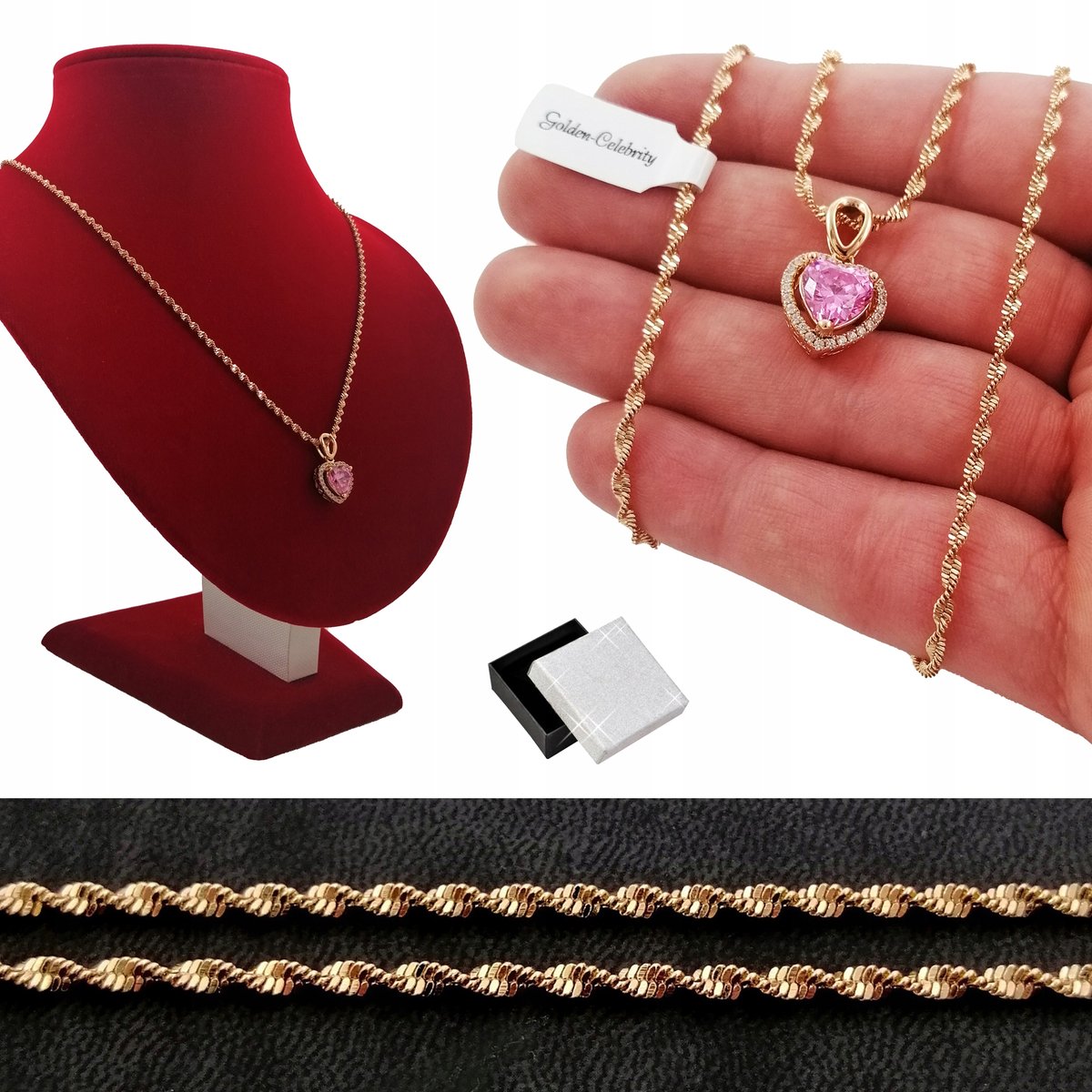 Złoty Singapur Skręcany+Serce Pudrowy Róż Dla Mamy