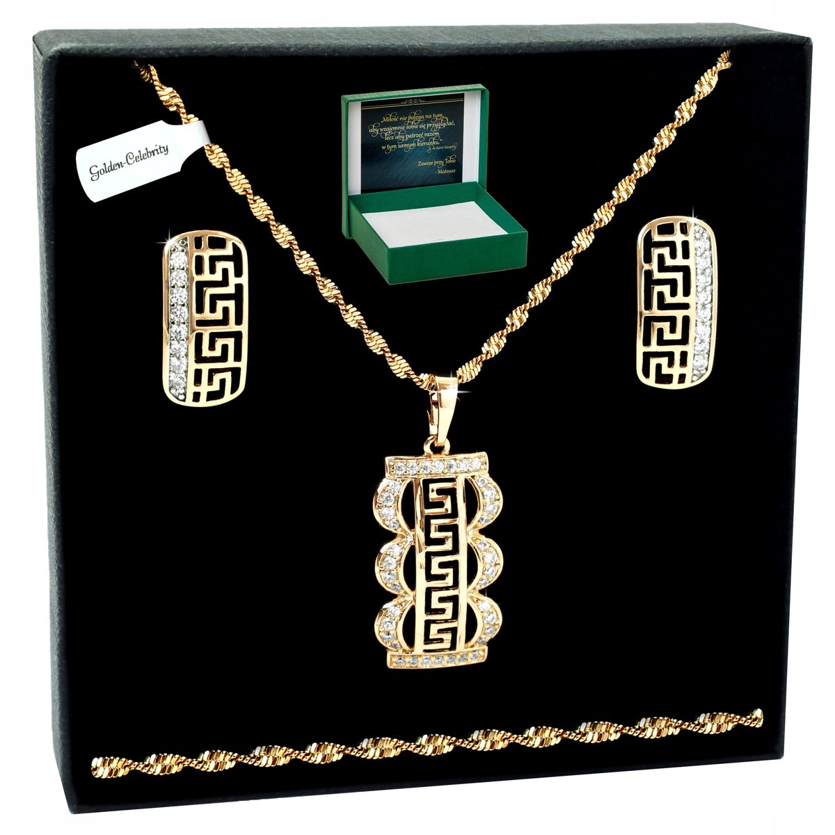 POZŁACANY KOMPLET BIŻUTERII STAL CHIRURGICZNA Z CYRKONIAMI GRECKI 18K 45CM