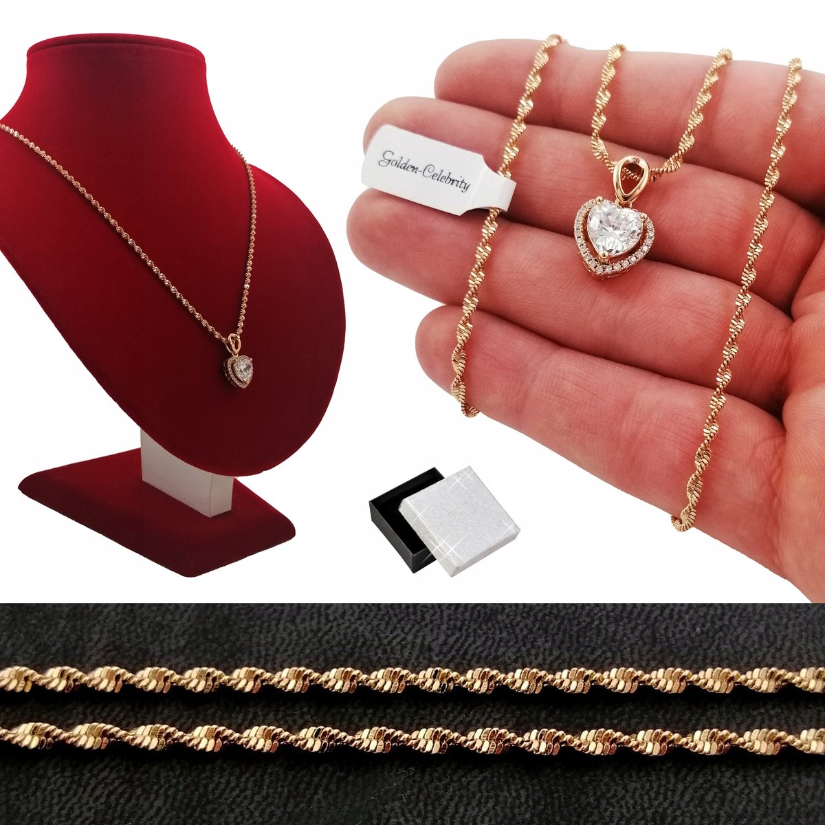 Złoty Singapur + Serce Krystaliczna Biel 35Cm 2Mm