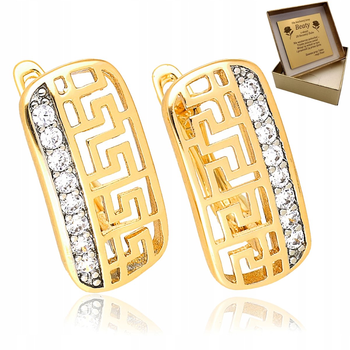 Złote Kolczyki Greckie Z Cyrkoniami 18K + Grawer Na Prezent Dla Dziewczyny