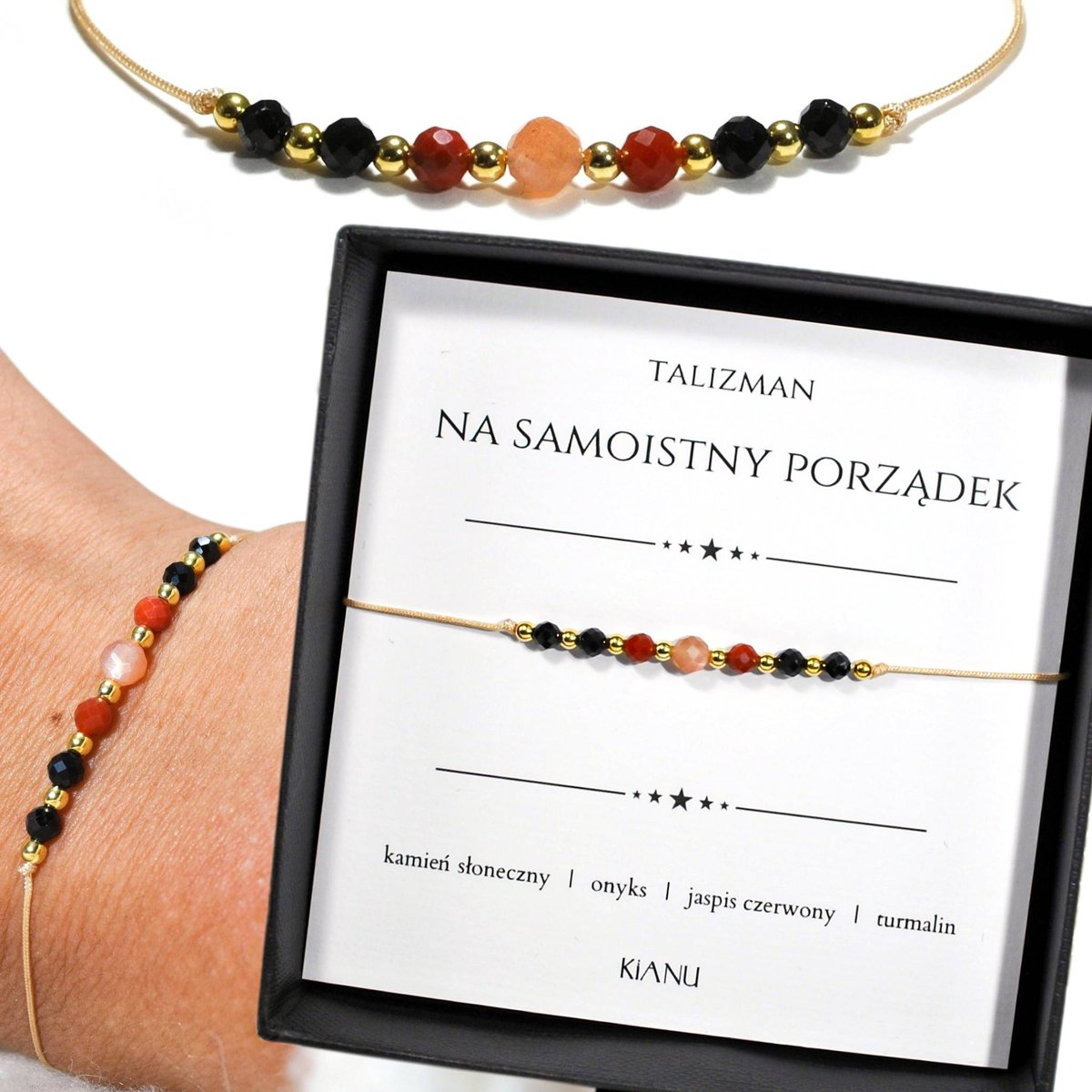 Talizman Bransoletka KiANU Ochronna Sznurek Na Szczęście Srebro 925 Kamień Słoneczny Jaspis Turmalin Onyks