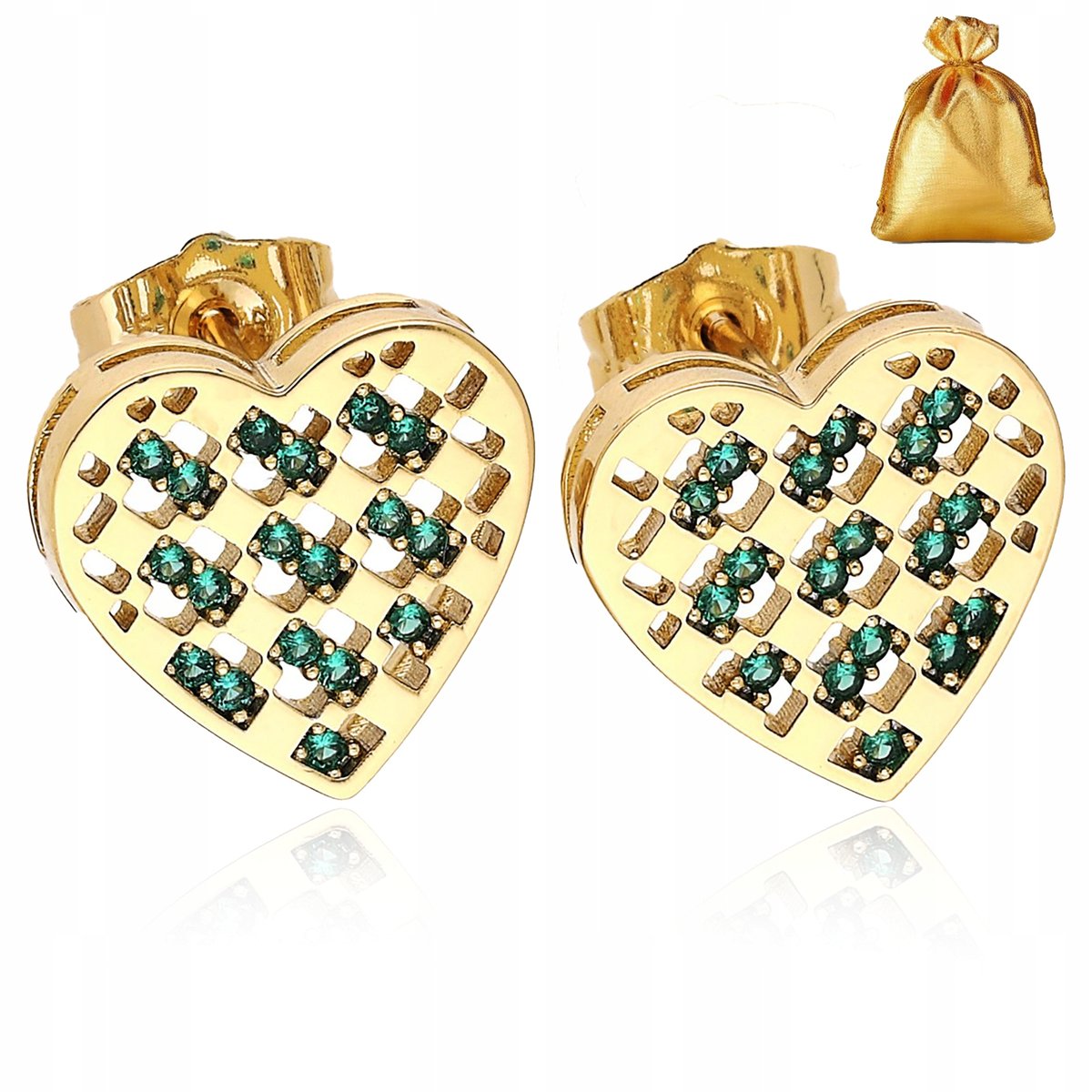 Złote Kolczyki Serca Cyrkonie Stal Chirurgiczna Prezent Dla Niej + Gratis
