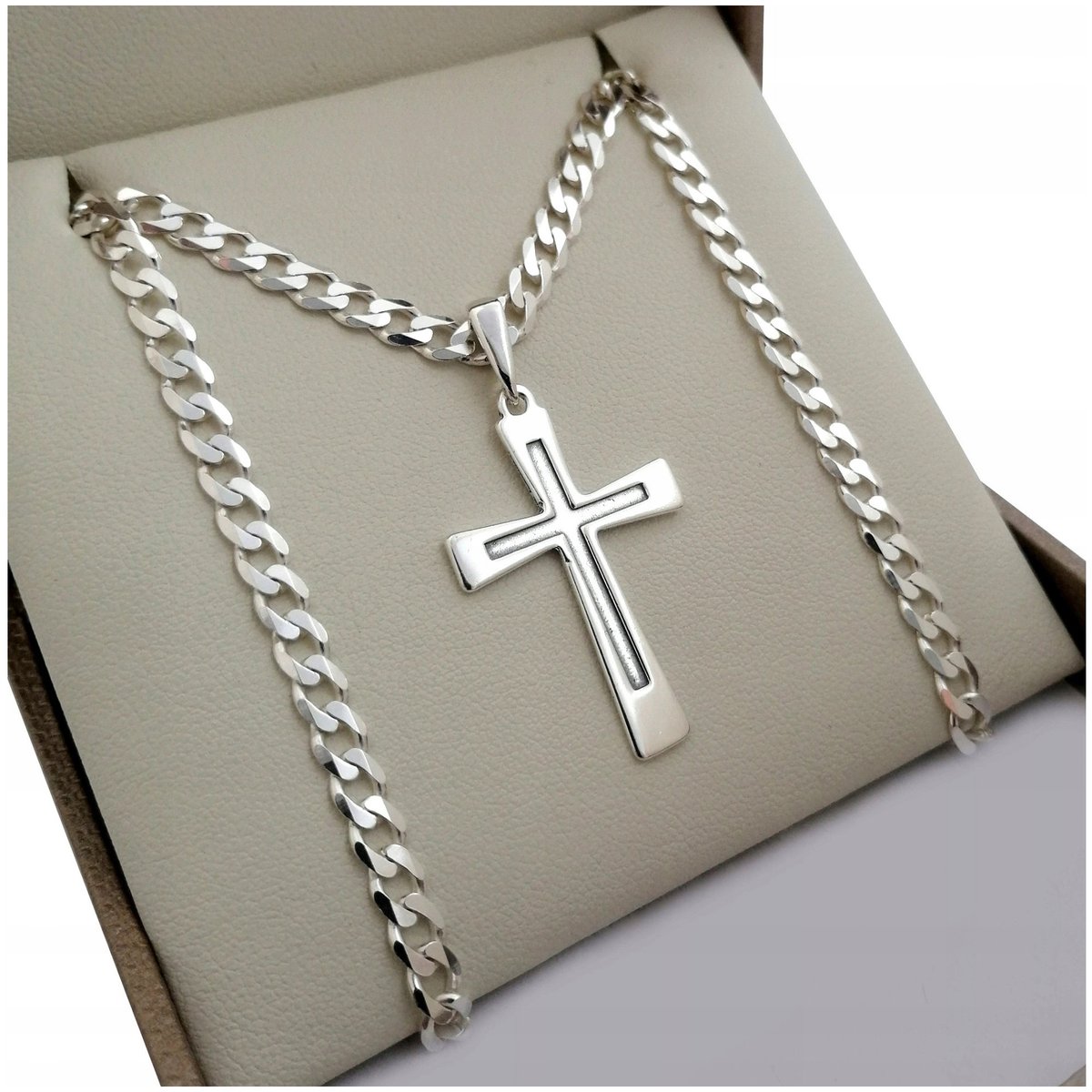 Srebrny Łańcuszek Pancerka+Krzyż 925 Prezent Dla Faceta Taty Męża Grawer