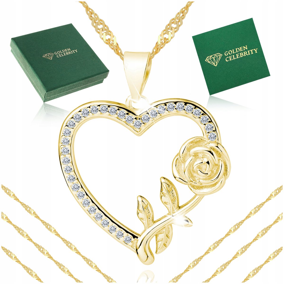 Złoty Naszyjnik Serce Z Różą Z Cyrkonią Próba 925/585 Złocony 14K Prezent