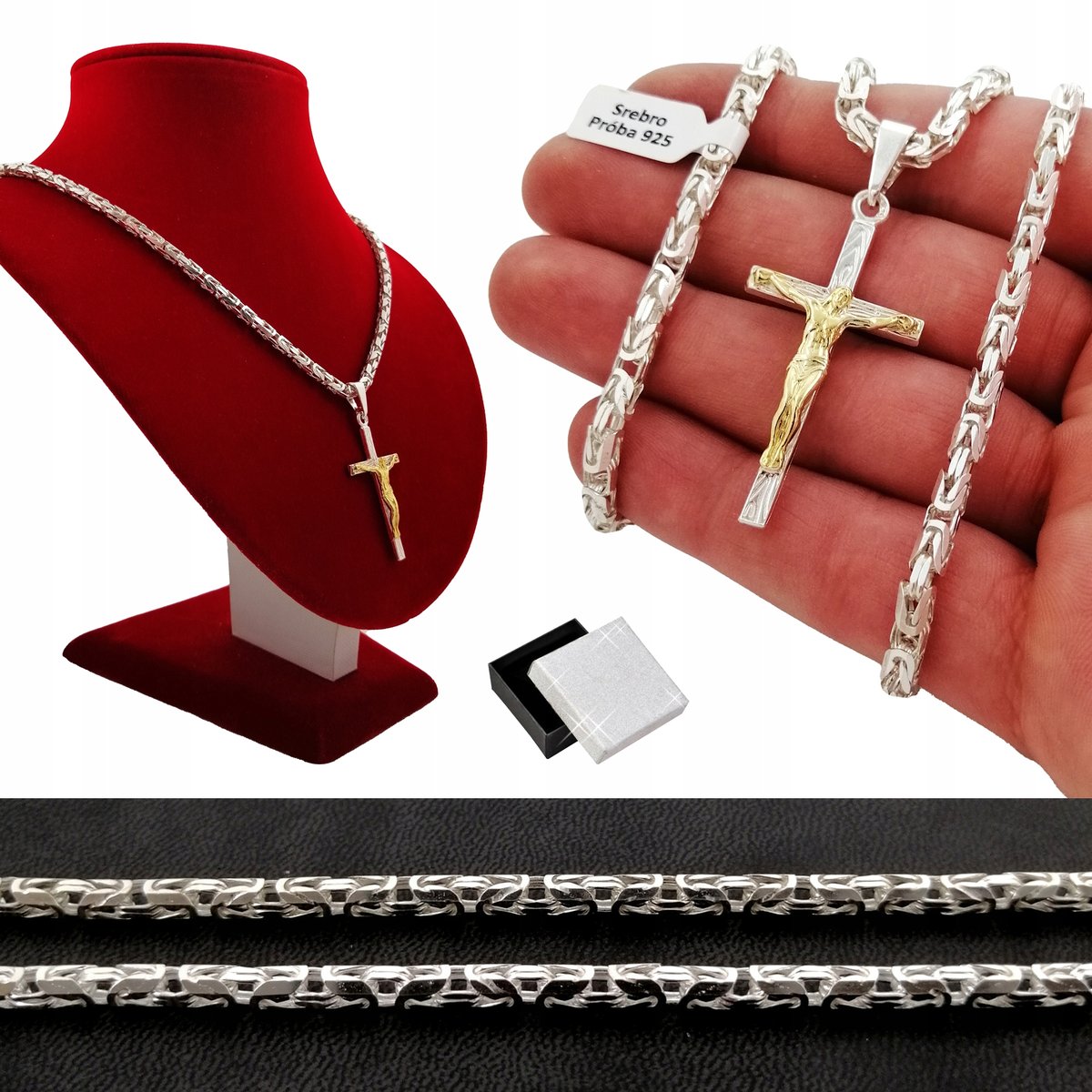 Łańcuszek Srebrny Splot Królewski+Krzyżyk 925 Prezent Dla Faceta Taty Męża