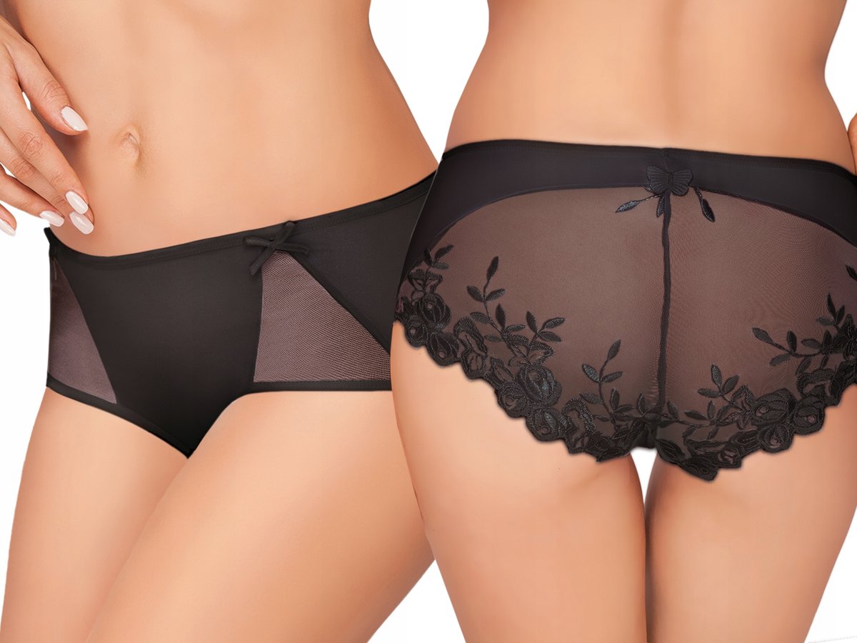 Ewana 096 Prześwitujące Szorty z Haftem Czarny S