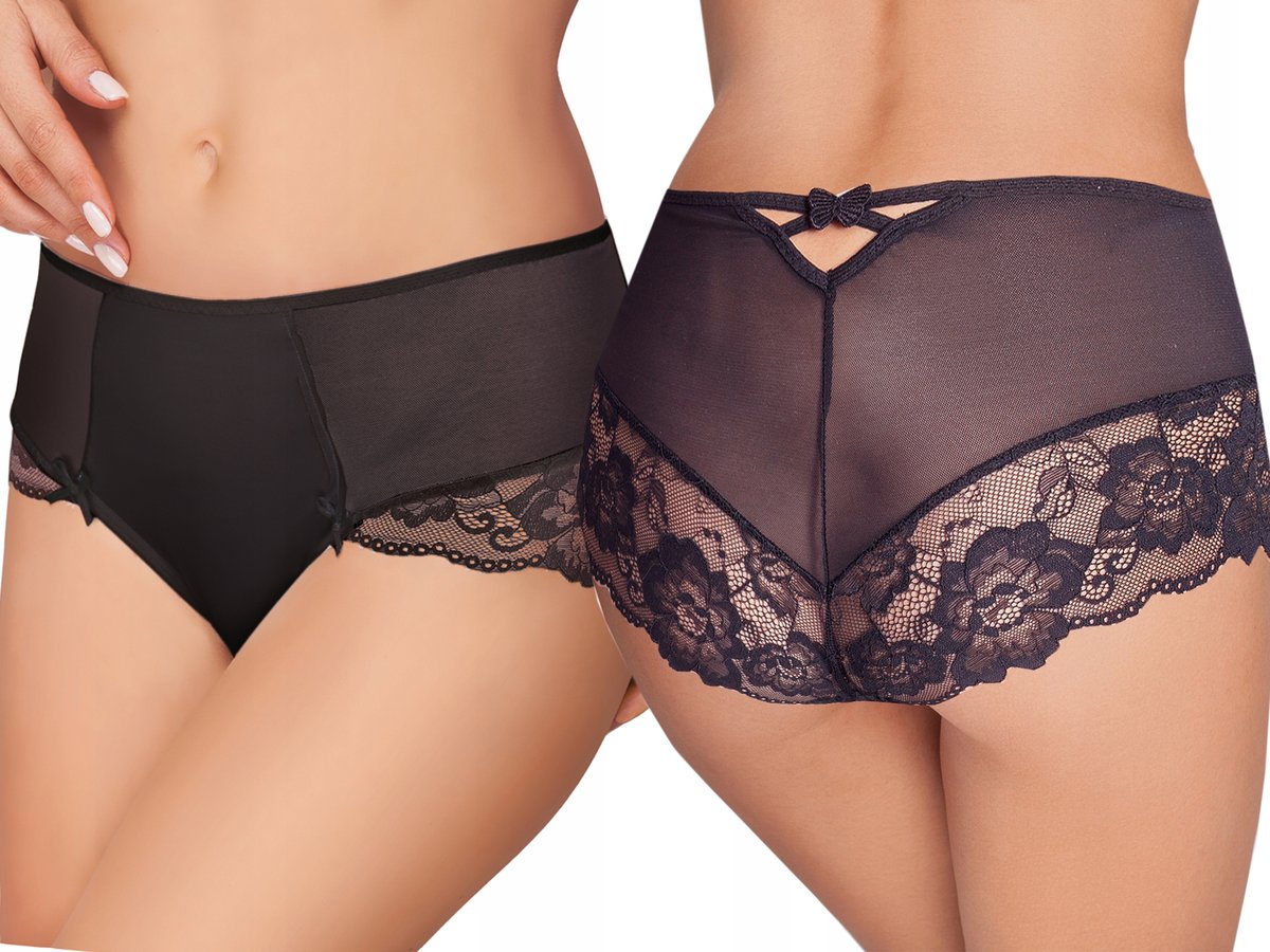 Ewana 098 Wysokie Koronkowe Szorty Czarny L