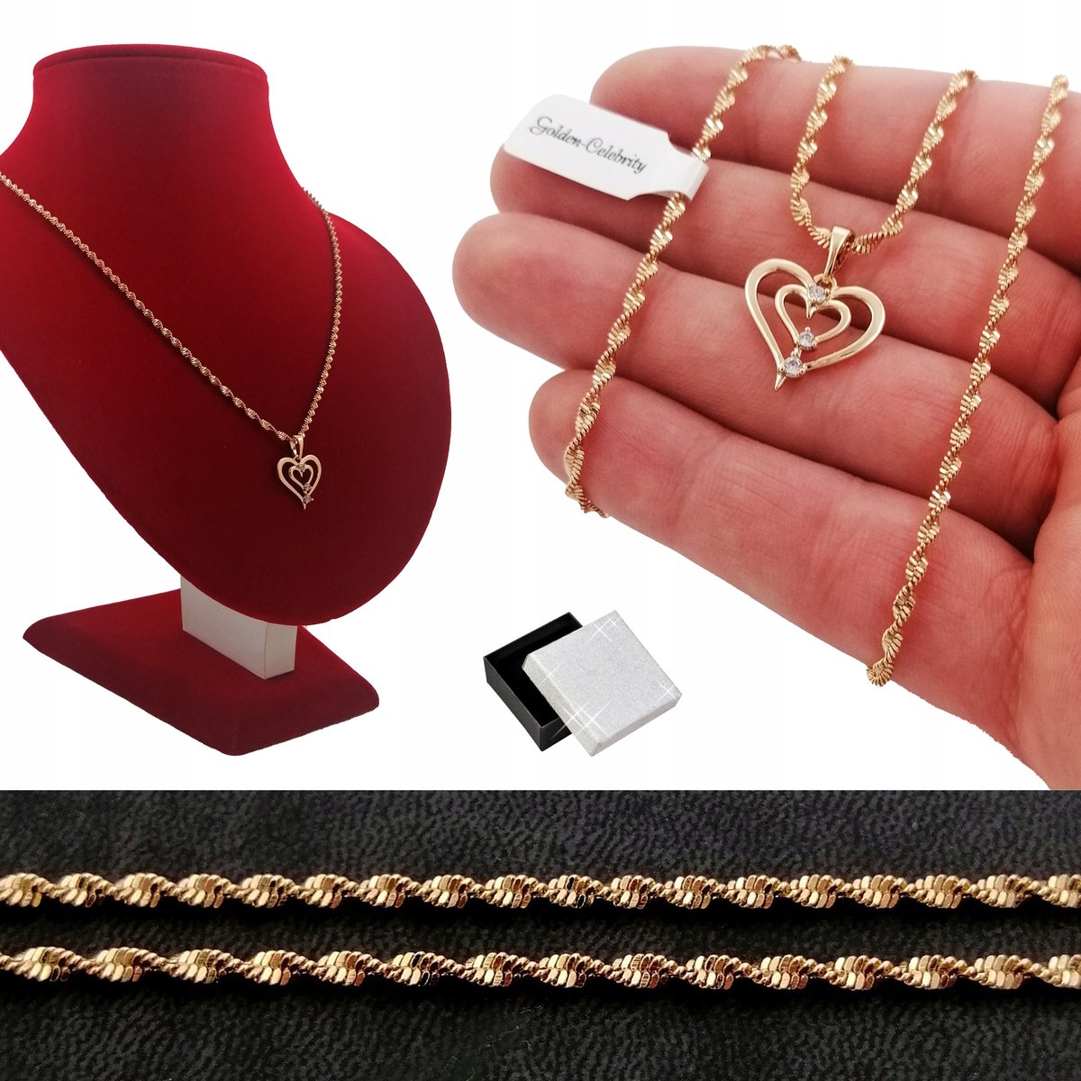 Złoty Singapur Skręcany+Podwójne Serce 35Cm Preznt