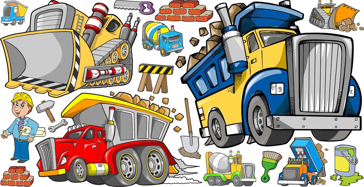 Naklejki ścienne dla dzieci BUDOWA, Mały Budowniczy 2, spychacz, wywrotka, 120x60 cm