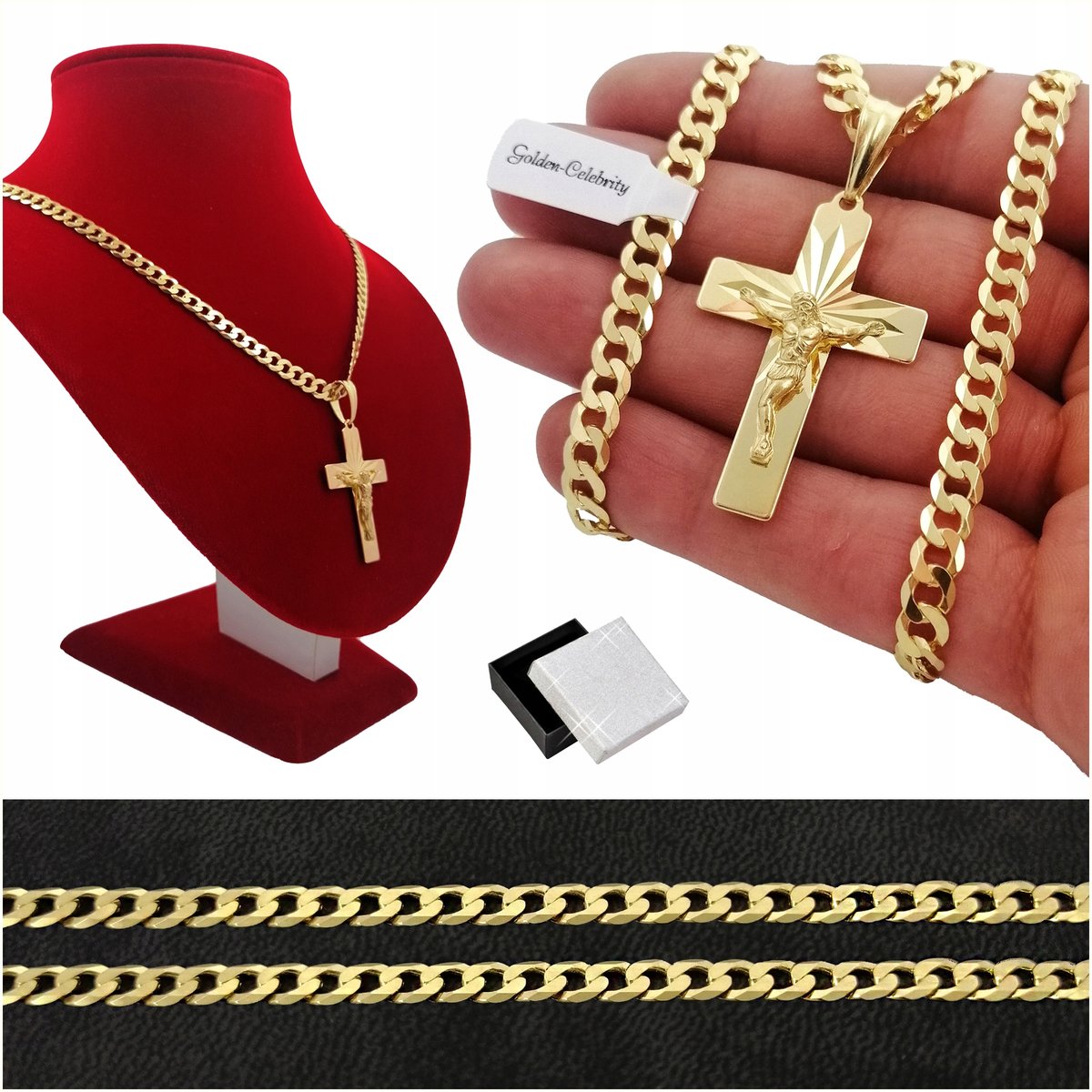 Elegancki Długi Złoty Łańcuszek Splot Pancerka + Krzyżyk Srebro Próba 925