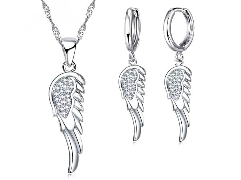 Zestaw biżuterii naszyjnik i kolczyki w kształcie skrzydeł z cyrkoniami