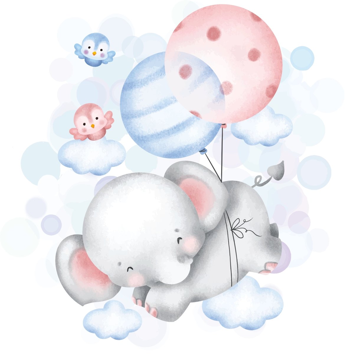 Naklejka ścienna dziecięca Słonik z balonikami ogromna dekoracja akwarelowa, 120x120 cm