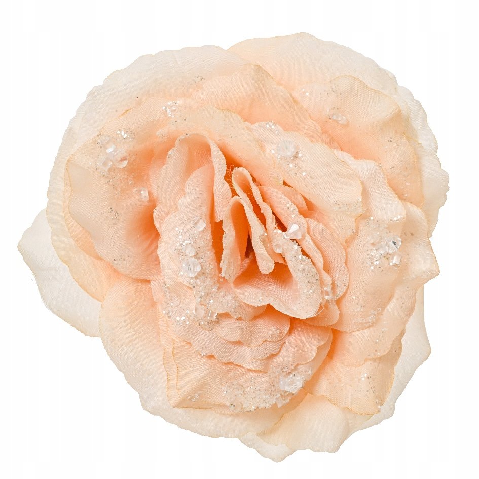 Kremowa brokatowa błyszcząca róża na metalowym klipsie 14cm Zawieszka