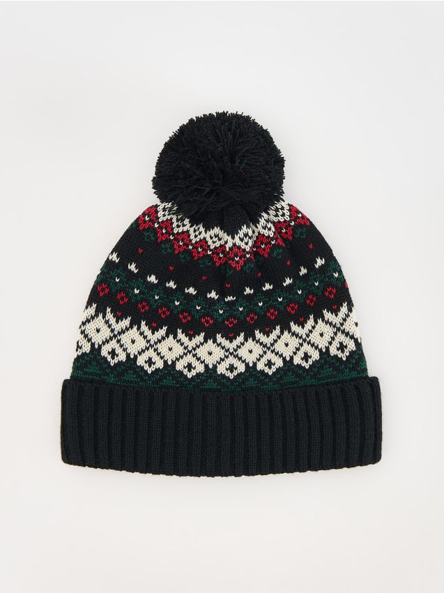 Reserved - Wzorzysta czapka z pomponem - czarny