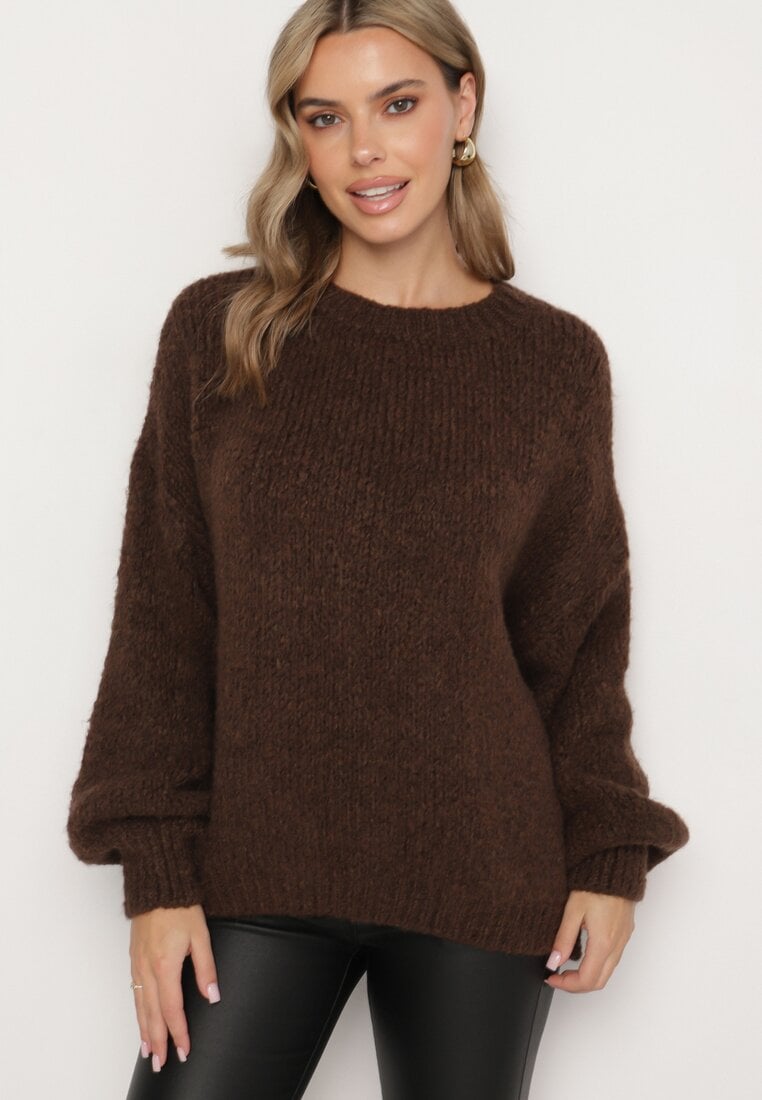 Brązowy Sweter o Klasycznym Prostym Kroju z Domieszką Wełny i Wiskozy Sezisya
