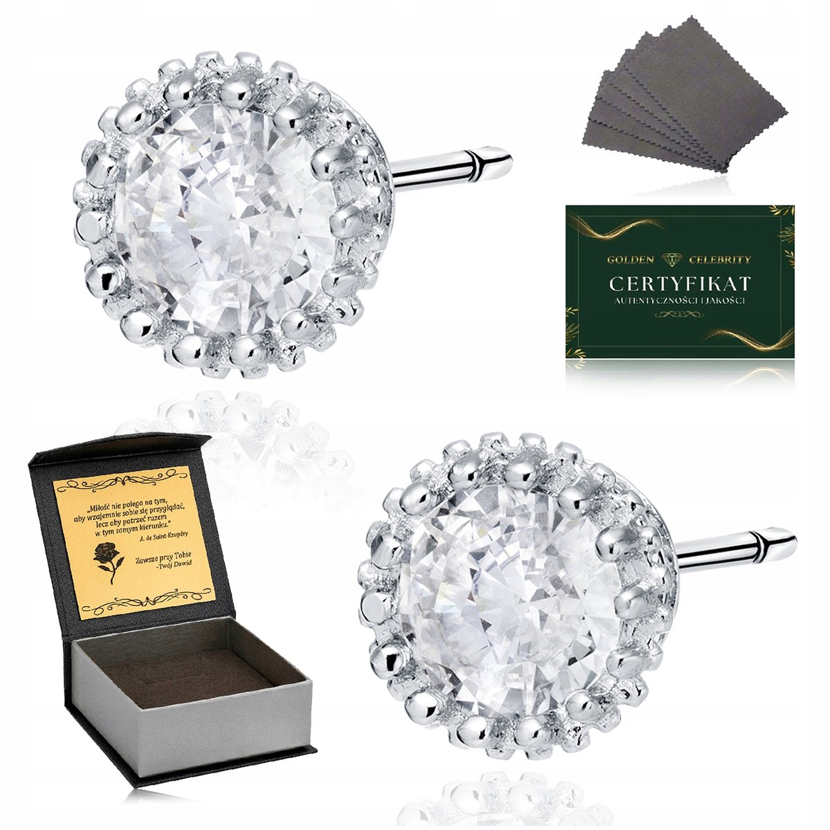 Srebrne Kolczyki Damskie 925 + Cyrkonie 8 Mm Okrągłe Białe Wkrętki + Grawer