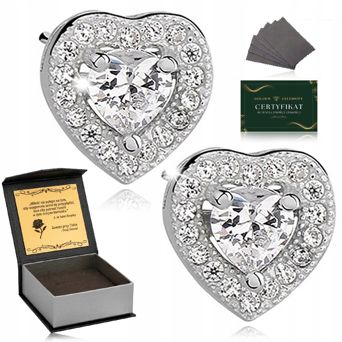 Srebrne Kolczyki Damskie 925 Serca Z Cyrkoniami Prezent Dla Kobiety+Grawer