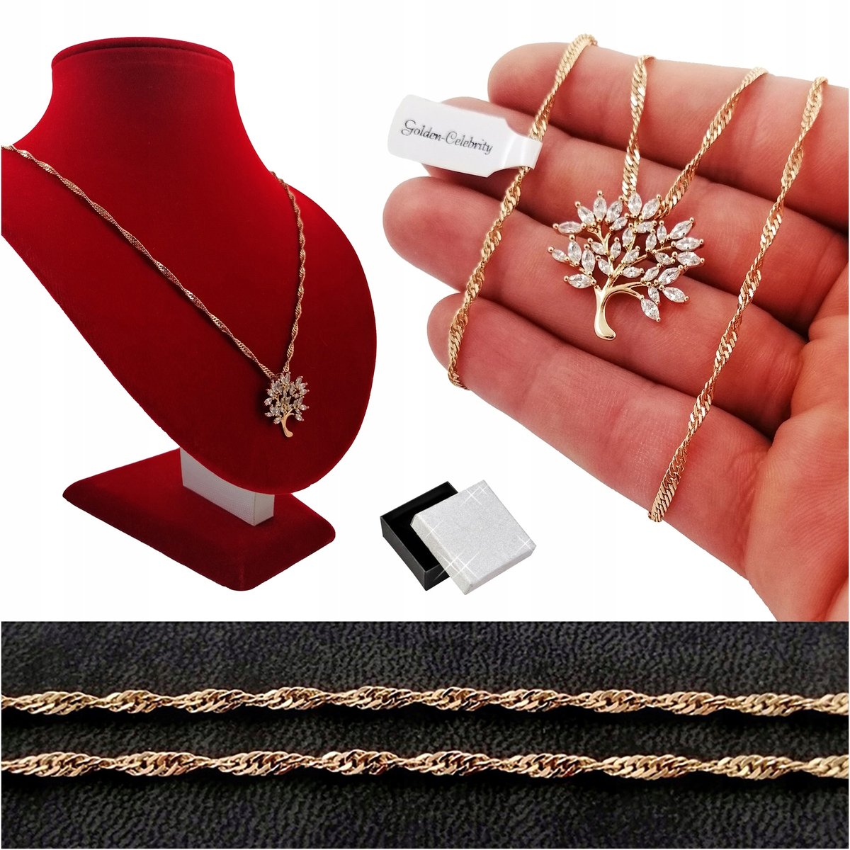 Piękny Złoty Naszyjnik Drzewo Szczęścia Na Prezent Łańcuszek Zawieszka 18K