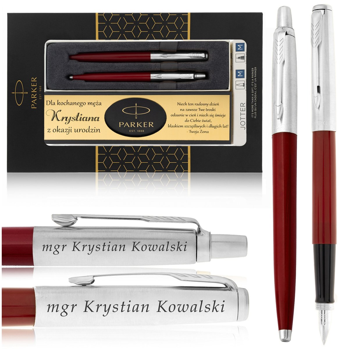 ZESTAW PARKER JOTTER CZERWONY DŁUGOPIS+PIÓRO+GRAWERY +TABLICZKA Z DEDYKACJĄ