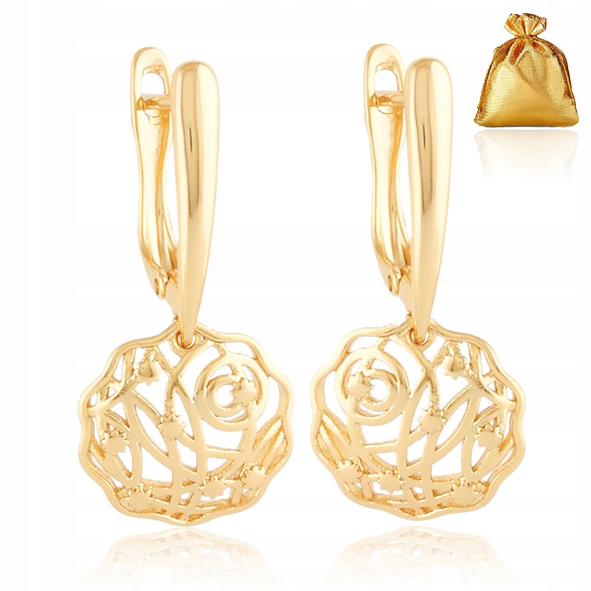 Piękne Złote Kolczyki Damskie Ze Stali Chirurgicznej Wiszące Ażurowe 18K