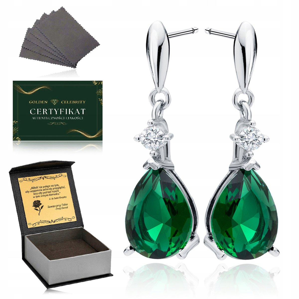 Srebrny Kolczyki Damskie Wiszące Długie Z Zielonymi Kryształami 925 Grawer