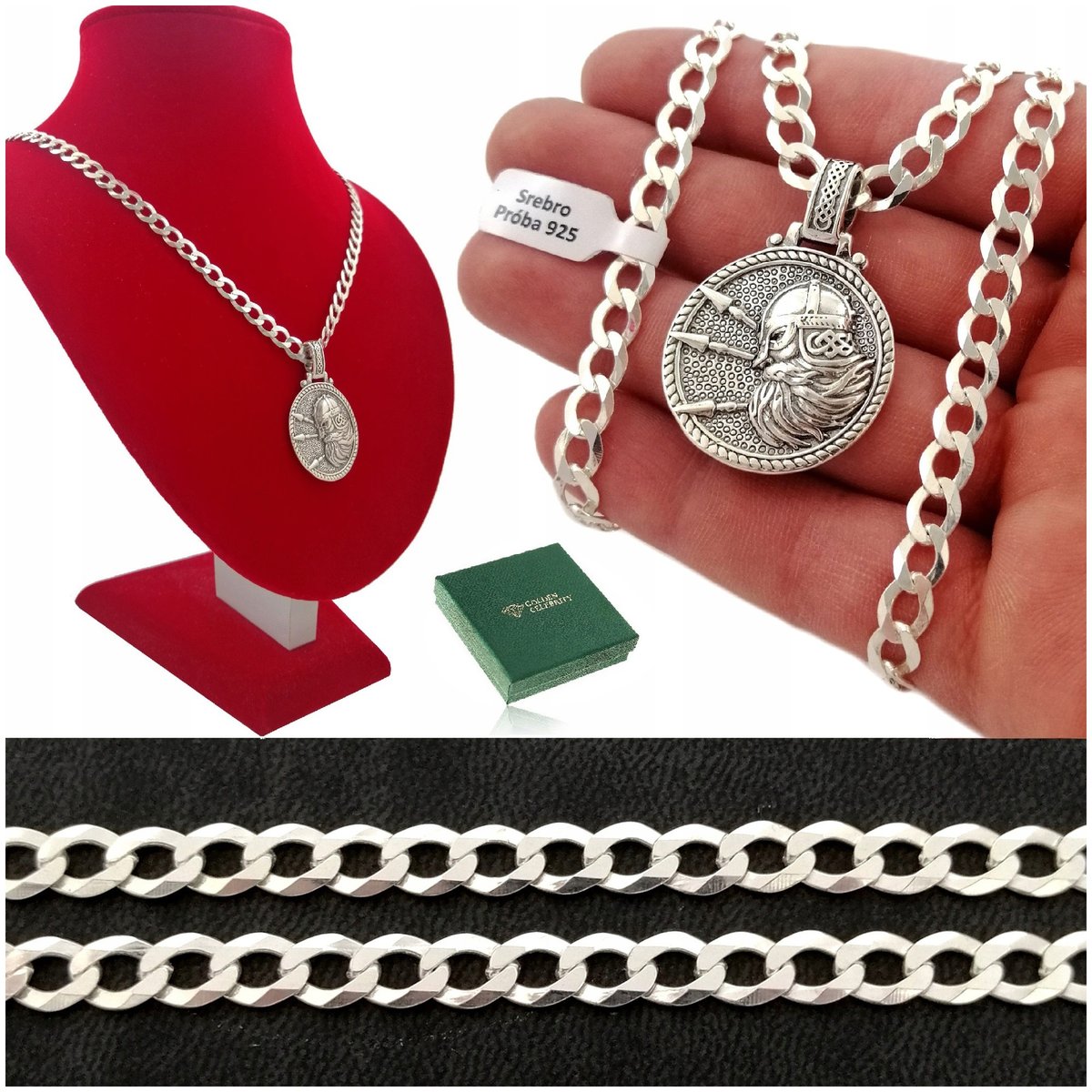 Srebrny Gruby Łańcuszek Pancerka + Zawieszka Wiking 925 Prezent + Dedykacja