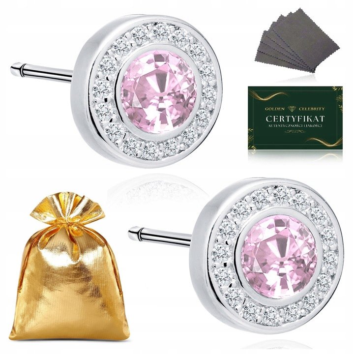 Kolczyki Srebrne Okrągłe Z Cyrkoniami Sztyfty Wkrętki Różowy Kamień Pr. 925
