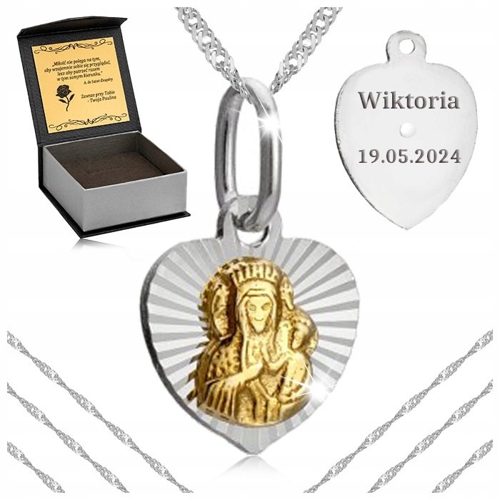 Błyszczący Naszyjnik Damski + Medalik Serce Pozłacany Srebro 925 + Grawer