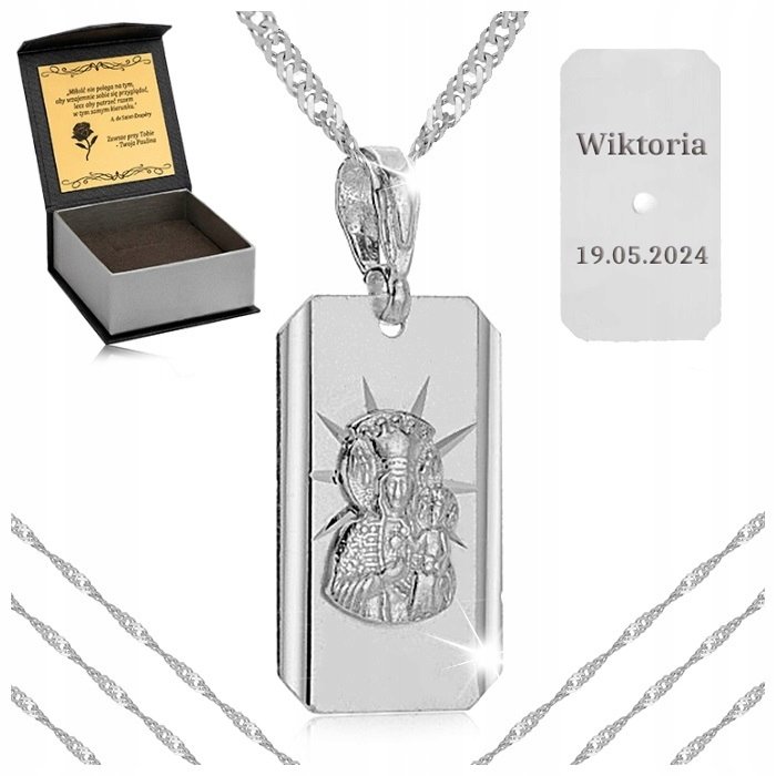 Srebrny Naszyjnik + Medalik Matka Boska 925 Prezent Komunia Chrzest Grawer