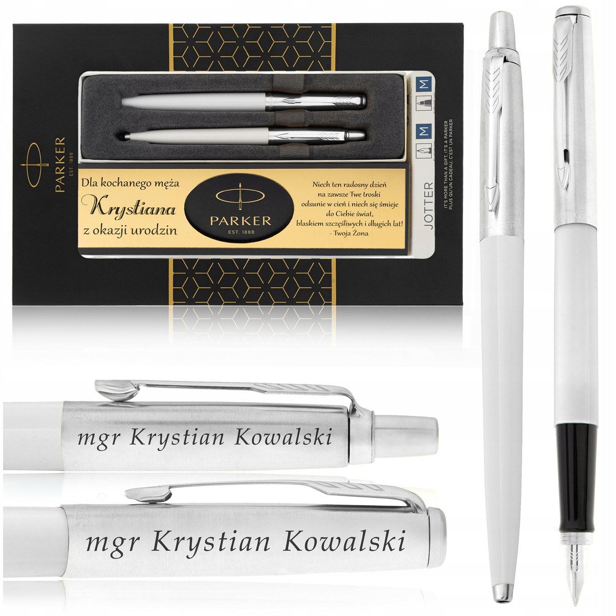 ZESTAW PARKER JOTTER BIAŁY / DŁUGOPIS+PIÓRO+GRAWERY + TABLICZKA Z DEDYKACJĄ