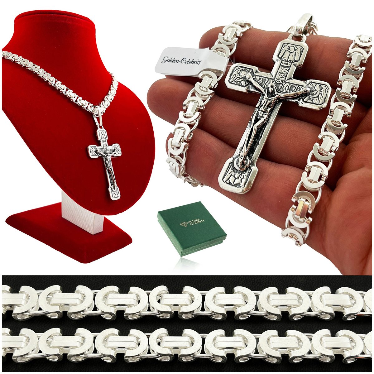 Elegancki Srebrny Łańcuszek Męski Splot Królewski+Duży Krzyż Z Jezusem 925