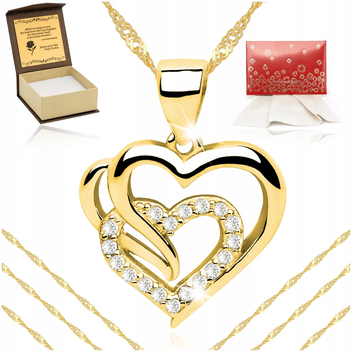 Złoty Naszyjnik Serce Łańcuszek + Zawieszka Srebro 925 Złoto 585 + Grawer