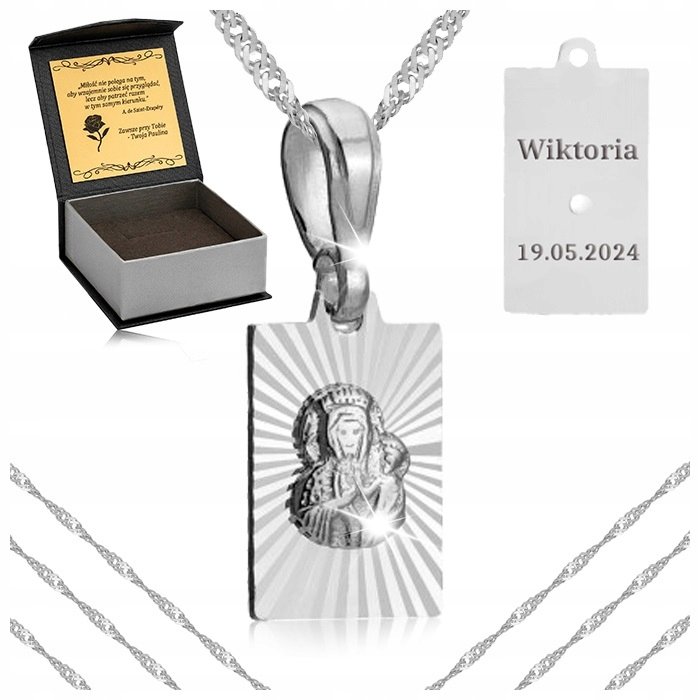 Damski Srebrny Naszyjnik + Wisiorek Medalik Maryja 925 + Grawer Gratis 60Cm
