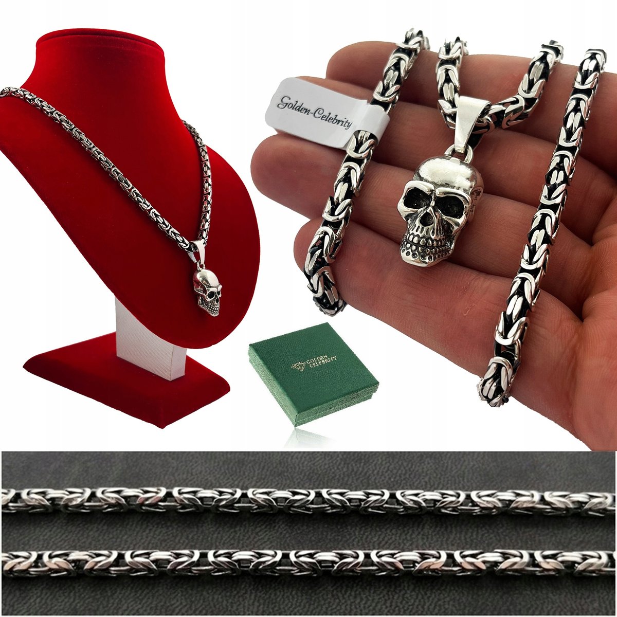 Srebrny Gruby Łańcuszek Splot Królewski + Zawieszka Czaszka / Czacha Pr 925