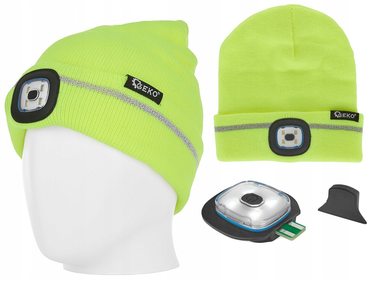 CZAPKA Z LATARKĄ AKUMULATOROWA USB ODBLASKOWA LED ŻÓŁTA ROZMIAR UNIWERSALNY