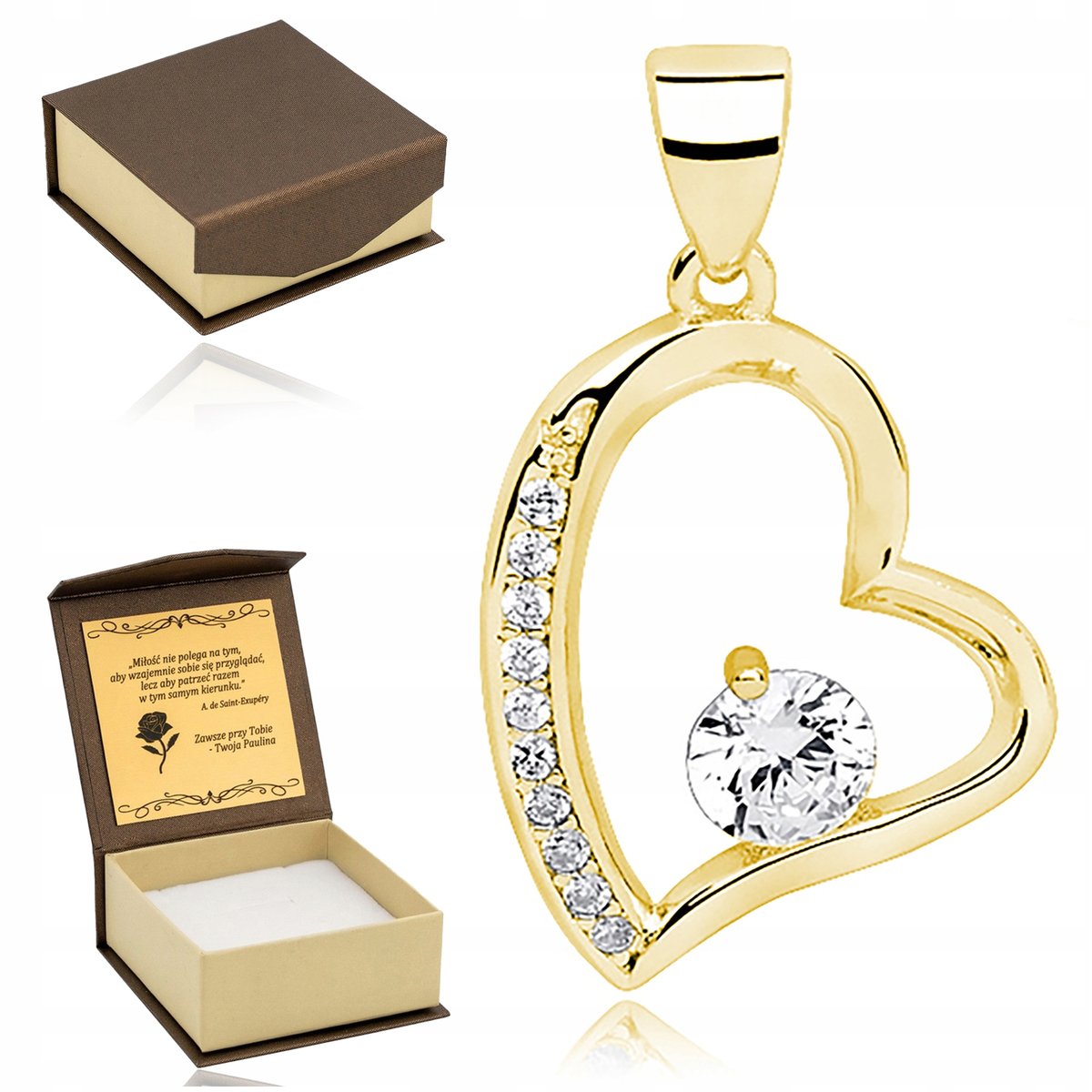 Złota Zawieszka Wisiorek Serce Z Cyrkoniami Srebro 925 + Pudełko Z Grawerem