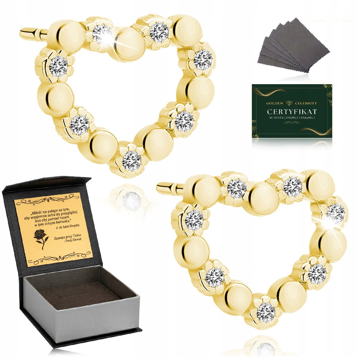 Złote Kolczyki Damskie Serca Z Cyrkoniami Srebro 925 Pozłacane + Grawer