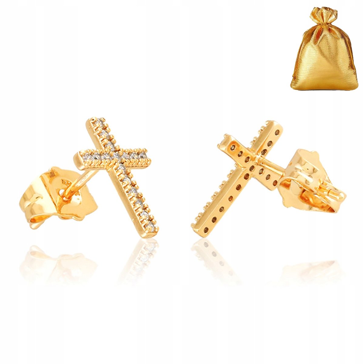 Złote Kolczyki Celebrytki Krzyżyki Cyrkonie Sztyft Stal Chirurgiczna 18K