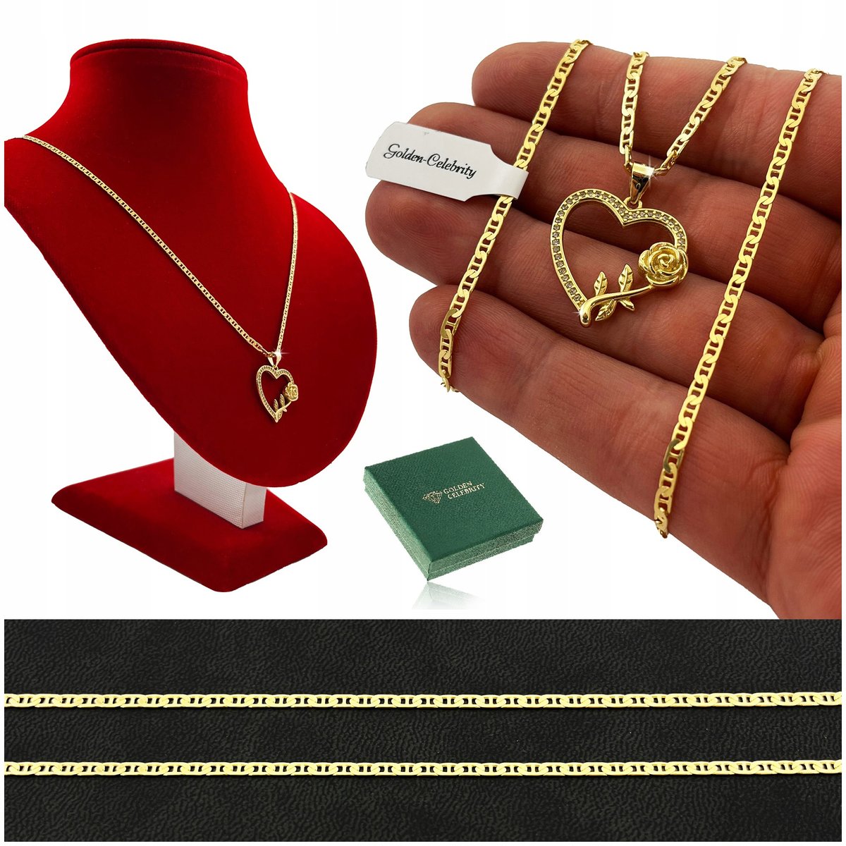 Złoty Naszyjnik Serce Łańcuszek Gucci+Zawieszka Serduszko Z Różą Pr 925/585