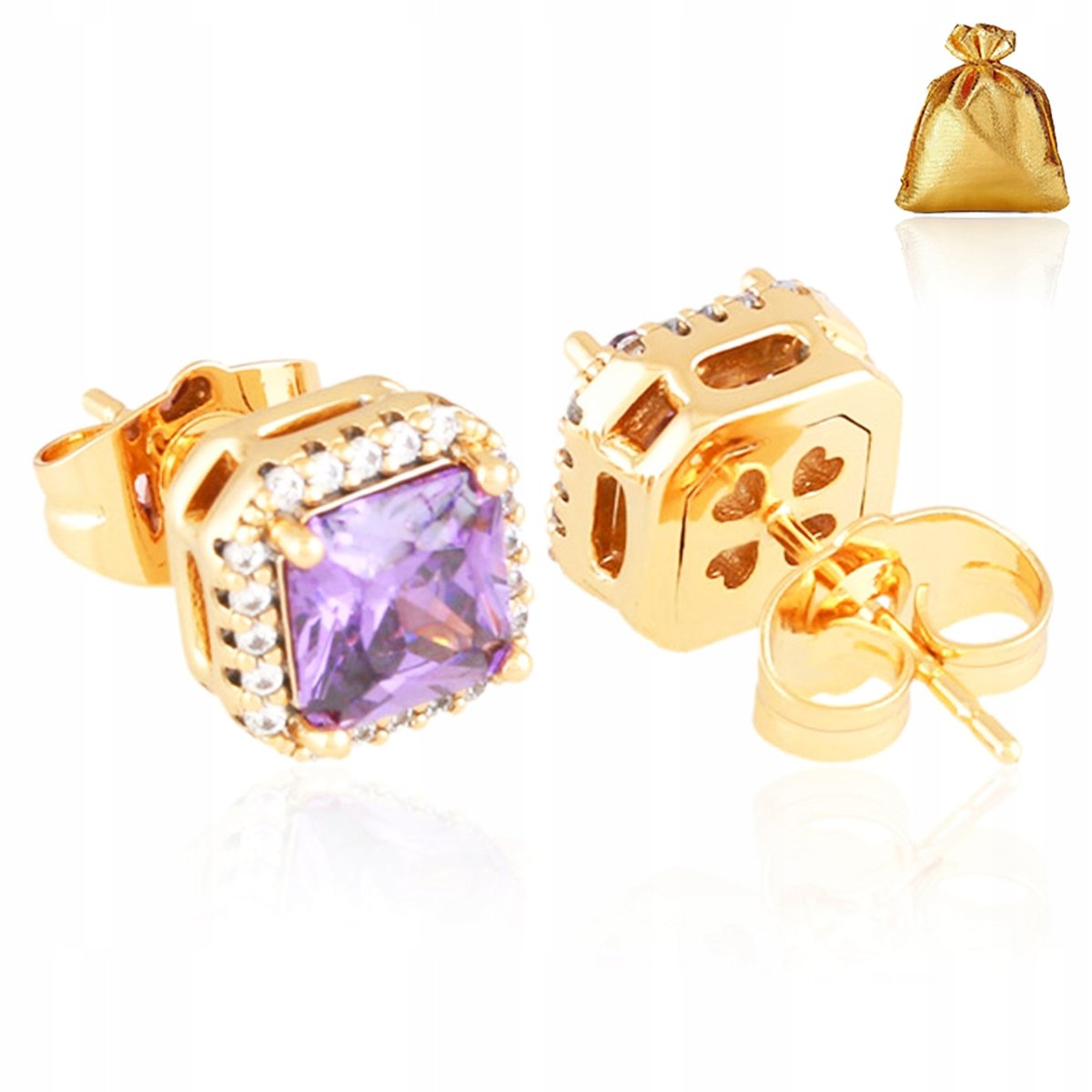 Złote Kolczyki Ze Stali Chirurgicznej Sztyfty Kwadratowe Fioletowe Cyrkonie